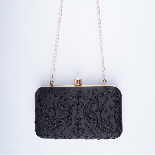 Designer black rectangle clutch with bead and sequin embellishments, ideal for special occasions and festive looks