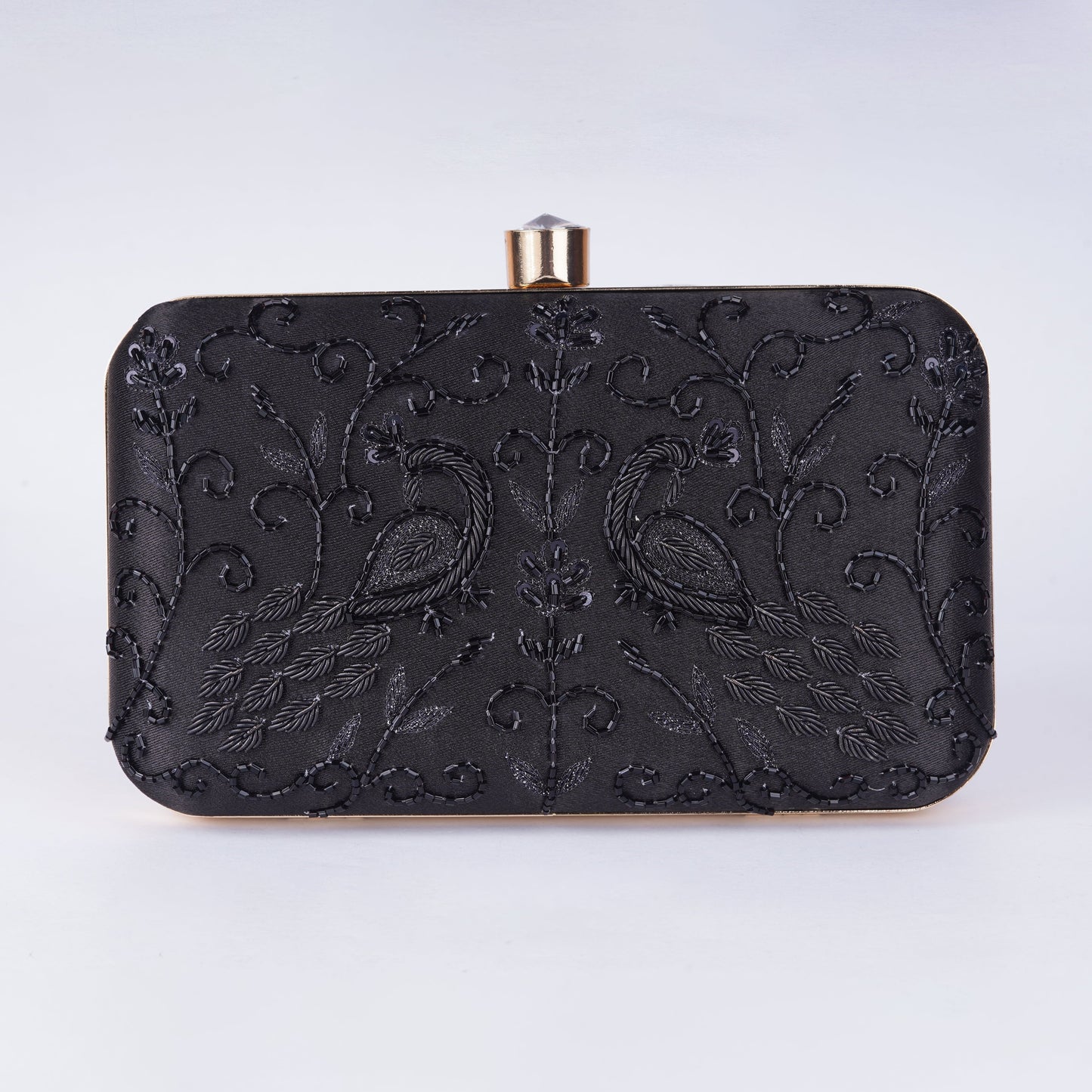 All black handcrafted rectangle clutch with intricate embellishments, perfect for evening parties and festive wear