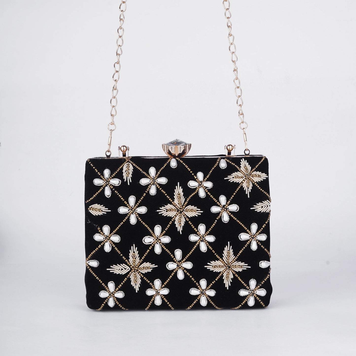 Classic black evening purse in box style with delicate embroidery, great for parties, receptions, and traditional events