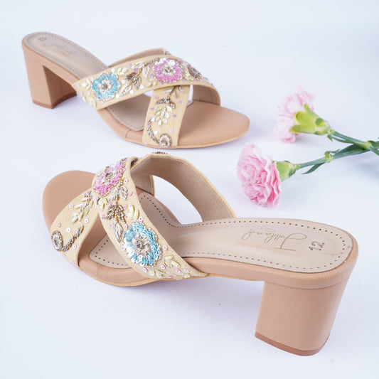 Ethnic golden heels with 2-inch block heel – perfect for lehenga and saree