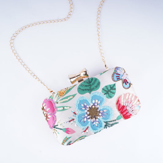 Ethnic printed and embroidered box clutch – perfect rectangular handbag for weddings, parties, and festivals