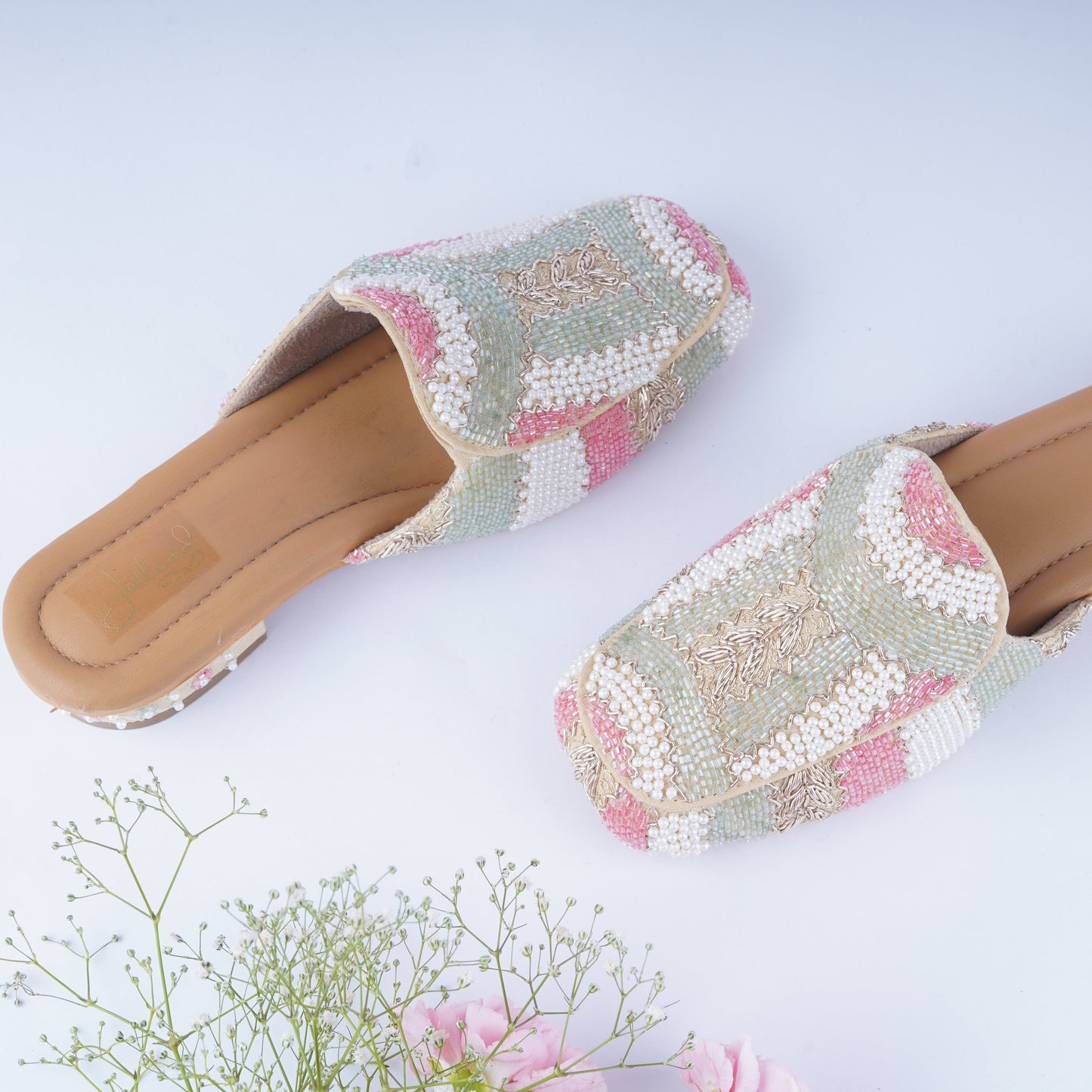 Handcrafted bridal loafer mules with 1-inch heel – elegant ethnic slip-ons for wedding day comfort and charm