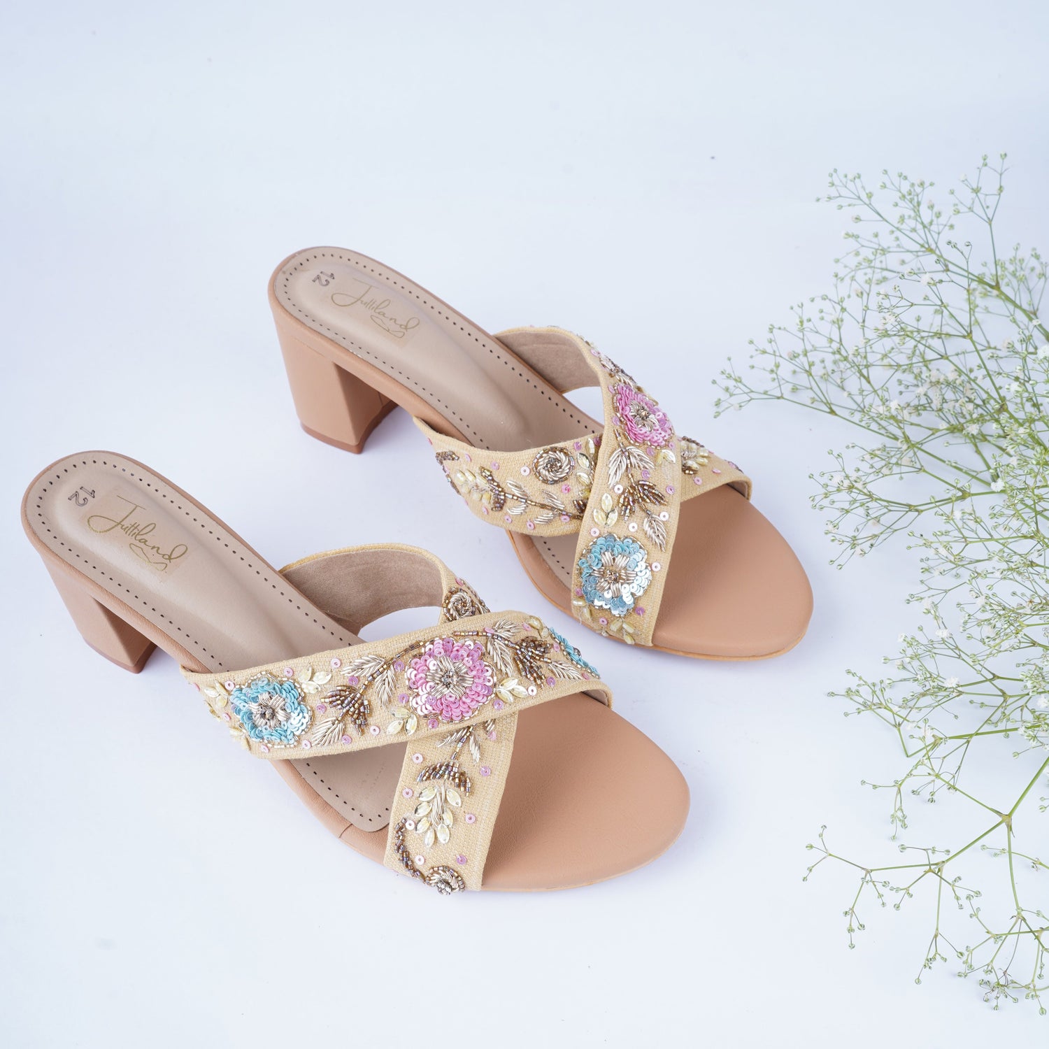 Handcrafted golden block heels with 2-inch heel – traditional and stylish