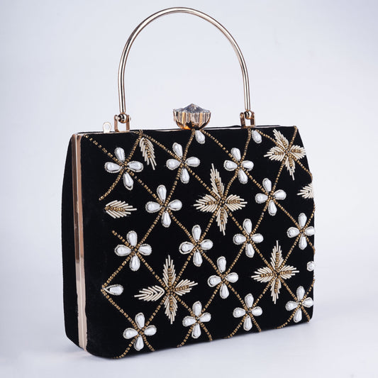 Elegant black box bag with intricate hand embroidery, perfect for weddings, cocktail nights, and festive outfits