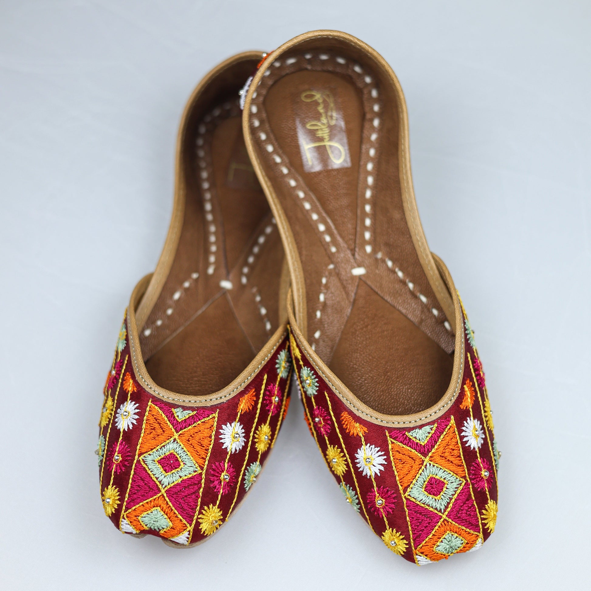 Phulkari maroon jutti with colorful traditional Phulkari embroidery, handcrafted Punjabi ethnic footwear for women