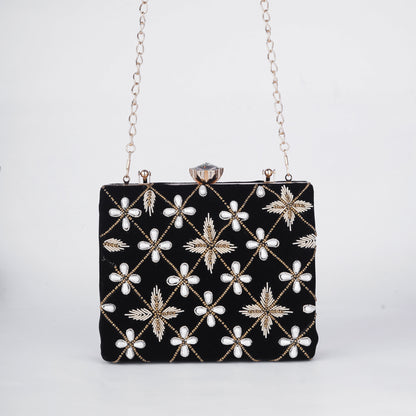 Classic black evening purse in box style with delicate embroidery, great for parties, receptions, and traditional events