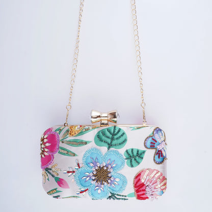 Designer evening clutch – rectangular embroidered purse with vibrant prints for a bold fashion statement
