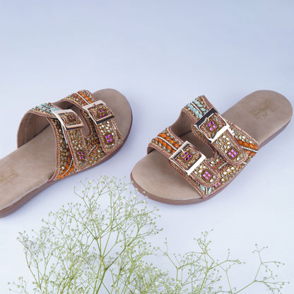 Embellished flat sliders for women – stylish slip-ons for festive and daily wear