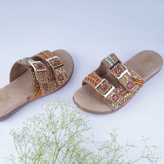 Embellished flat sliders for women – stylish slip-ons for festive and daily wear
